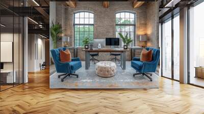 Modern office interior with two blue velvet chairs flanking a wooden desk Wall mural