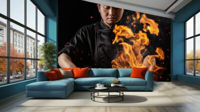 Professional chef cooking asian food on a burning wok pan Wall mural