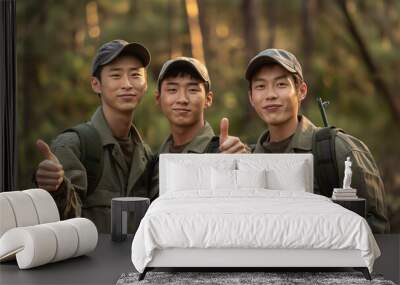 three forest rangers men in casual attire standing side by side outdoors. Wall mural