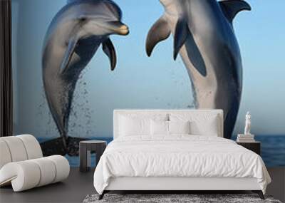 Two dolphins jumping out of the water together Wall mural