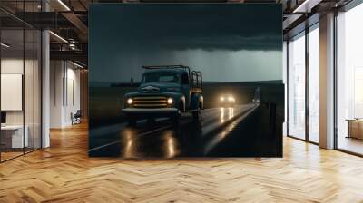 An old truck with bright headlights driving on a road through a vast landscape under a dark stormy sky. Generative AI Wall mural