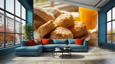 Delicious biscuit bread served as breakfast and orange juice Wall mural