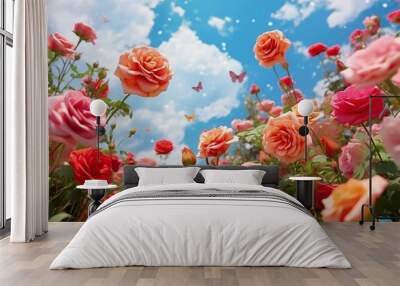 Pink and red roses in the garden, red rose in the sky, scattered rose petals, orange flower against sky backdrop, beautiful flower garden. Generative AI Wall mural