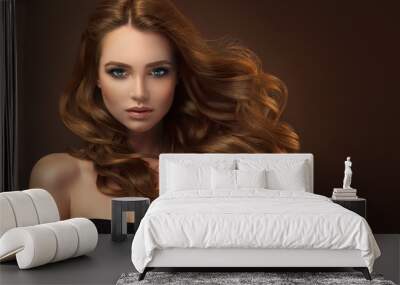 Beautiful model girl with long red curly hair .Red head . Care and beauty hair products  Wall mural