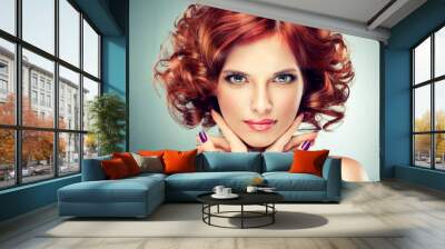 Beautiful model red with curly hair Wall mural