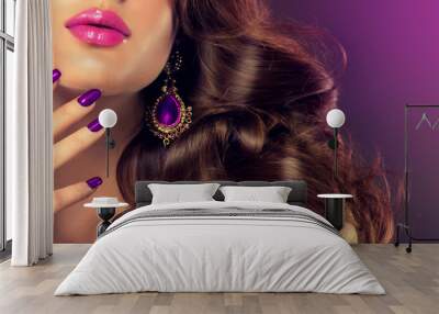 Luxury fashion style, manicure nail , cosmetics and make-up . Jewelry , large purple earrings  Wall mural