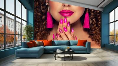 Luxury fashion style, manicure pink nail , cosmetics and make-up . Jewelry , large Fuchsia tassels  earrings	 Wall mural