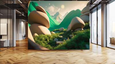 A dreamlike, cinematic keyframe features abstract 3D renderings of large, undulating rock formations set against a vibrant, emerald green background teeming with lush life Wall mural