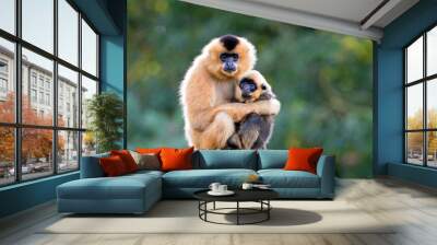 close image of Yellow Cheeked Gibbon monkey (Nomascus Gabriallae) mother with child in the forest Wall mural