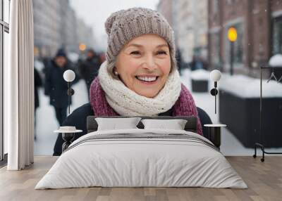 portrait of smiling woman in winter city Wall mural