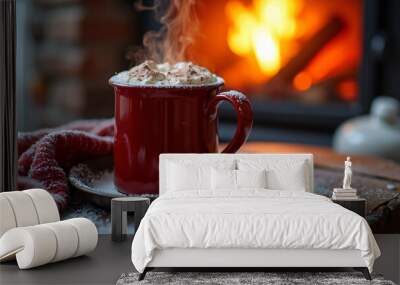 the cup of hot chocolate on the wooden board in the blurred background of the fireplace Wall mural