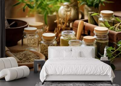 A holistic view of alternative medicine practices alternative medicine containers. All natural healing Wall mural