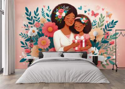 Adorable sweet African American mother receiving a gift from her cute daughter on Mother's Day. African American family celebrating Mother's Day. Watercolor style colorful floral mother's day poster Wall mural