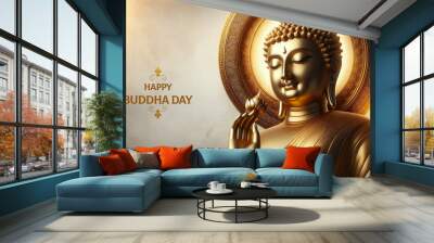 Golden Buddha statue with a lotus flower in his hand. Happy Buddha day. Celebrated Buddha Day. Buddha face on a golden background. Buddha day illustration banner Wall mural