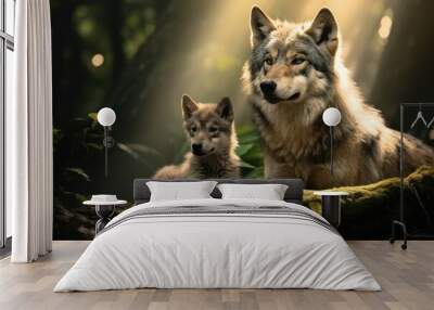 Gray wolf and her cub majestically in a magical rainforest. Portrait of a wolf and her adorable cub Wall mural