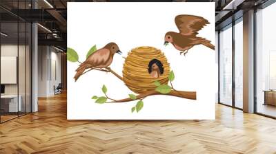 Birds Feeding Worm to Chicks in the Nest.  Bird's nest on a tree branch Wall mural