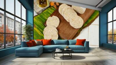 tempeh tempe Indonesian traditional food made from fermented soybeans. They are usually wrapped in banana leaves. Wall mural