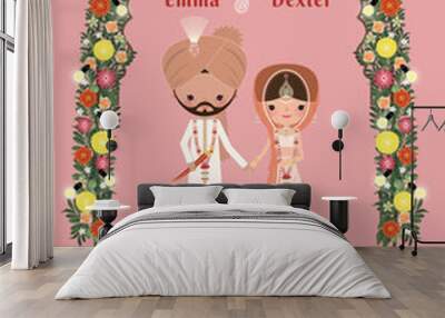 Indian Wedding Bride & Groom Cartoon Romantic Pink Invitation Ca Wall mural