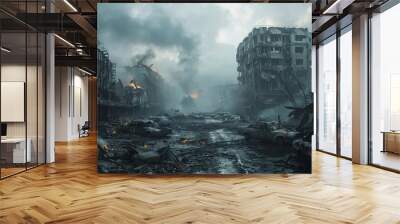 A desolate cityscape with crumbling buildings and abandoned cars, overrun by hordes of zombies. The sky is dark and ominous, with smoke and debris filling the air, creating a sense of dread and chaos Wall mural