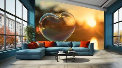 A heart shape soap bubble floating with sunset on background. Wall mural