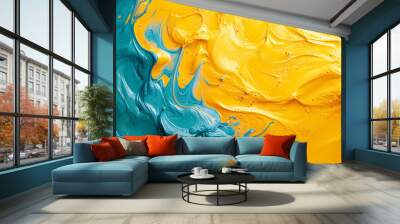 A photo of vibrant turquoise and sunny yellow abstract shapes with a lively style and copy space Wall mural