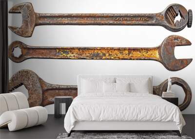 A set of old rusty tools including a wrench, hammer, and pliers, cut out and isolated on a white background Wall mural