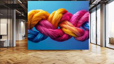 Abstract illustration of colorful threads intertwining and forming a cohesive network, symbolizing the bonding power of glue, set against a vibrant background Wall mural