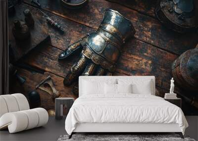 Antique Armored Glove on Rustic Wooden Table Wall mural