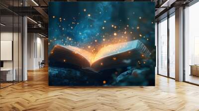 Enchanted Glowing Spell Book with Turning Pages on Dreamy Bokeh Background Wall mural