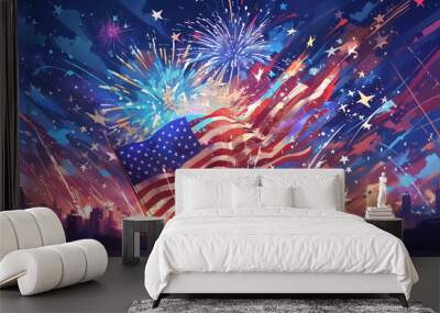 Fireworks with US flag on background , Celebrate for Independence day. Wall mural