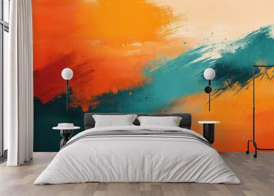 Vibrant Abstract Paintbrush Strokes in Orange and Teal with Geometric Pattern Background Wall mural