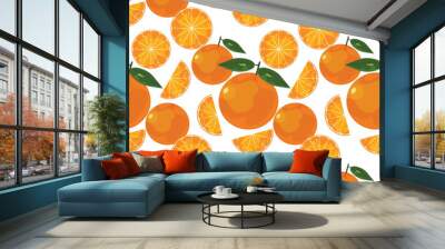 Seamless pattern of oranges, fruits, and vegetables. Creative texture for fabric, packaging, textiles, wallpaper, and clothing. Vector illustration for kids. Cute fruit background. Wall mural