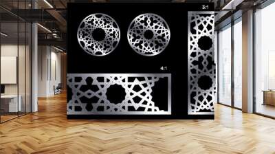 Cutout silhouette panels set with ornamental geometric arabic pattern. Template for printing, laser cutting stencil, engraving. Vector illustration. Ratio: 1:1, 2:1, 3:1, 4:1. Wall mural