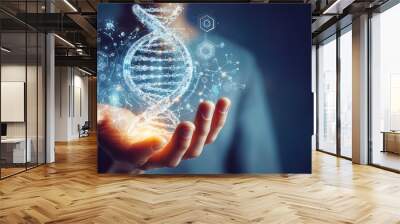 close up of man holding glowing gene manipulated human DNA helix with copy space. Wall mural