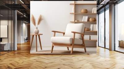 A cozy living room with light-colored wooden furniture, including an armchair and coffee table Wall mural