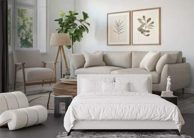 living room with a large blank frame mockup on the wall, a white sofa and coffee table, soft natural light Wall mural