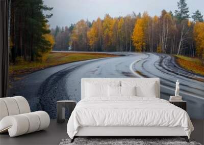 photo of an abandoned road in the forest with two twisty turns, with wet asphalt and ripples from water Wall mural