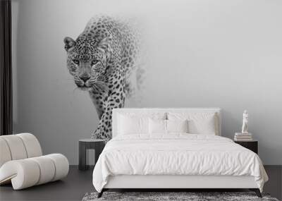 leopard walking out of the shadow into the light digital wildlife art white edition Wall mural