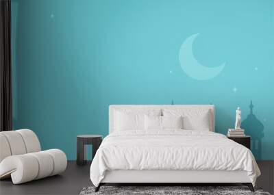 A blue Islamic Eid celebration backdrop. Night sky illustration with skyline silhouette of mosque minarets, moon and stars. Arab style architecture background and greeting card design with copy space. Wall mural