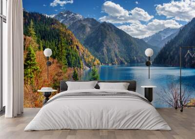 Beautiful view of the Long Lake among colorful fall woods Wall mural