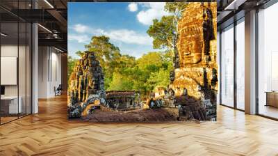 Giant stone face of Bayon temple in Angkor Thom, Cambodia Wall mural