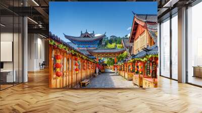 Street decorated with traditional Chinese red lanterns, Lijiang Wall mural