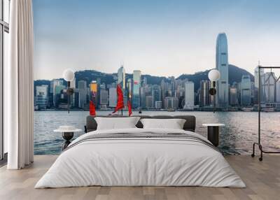 Tourist sailboat crosses Victoria harbor in Hong Kong Wall mural