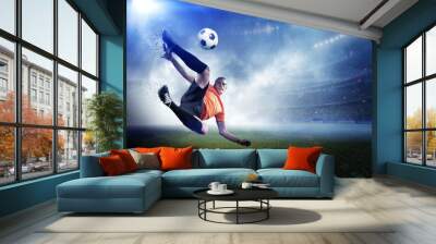 Football player kicks the ball, 3d rendering Wall mural