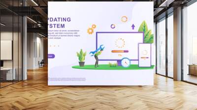 Updating system illustration concept. System Update Improvement Change New Version software, data synchronize process and installation program. Suitable for web landing page, mobile app, web banner. Wall mural