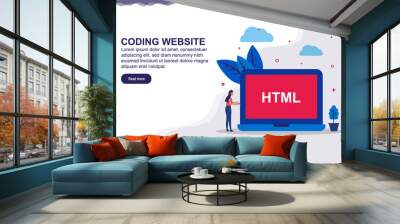 Vector illustration of coding website & web developer concept with tiny people. Illustration for landing page, social media content, advertising. easy to edit and customize. Wall mural