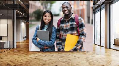 Two College Student smiling ready for classes at the University campus - Asian and African American friends Wall mural