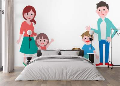 Couple and two children with dog and cat. Vector illustration. Wall mural