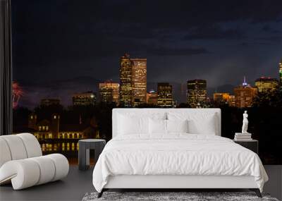 4th of July 2019 Fireworks over Denver Skyline Panorama Wall mural