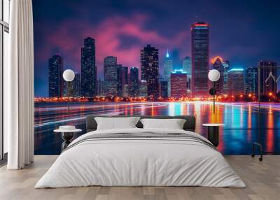 skyline at night with colorful light Wall mural